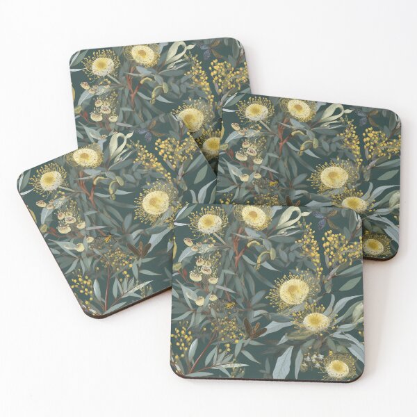 Item preview, Beautiful Native Australian wallpaper for bookcovers and homewares. Dense branches of eucalypt leaves with wattle buds and blossoms on dark background 11 designed and sold by NatTex.