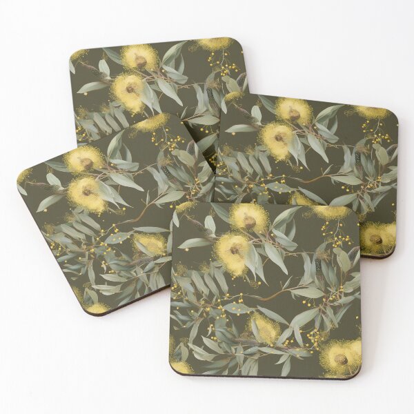 Item preview, Beautiful Native Australian wallpaper for bookcovers and homewares. Dense branches of eucalypt leaves with wattle buds and blossoms on dark background 12 designed and sold by NatTex.