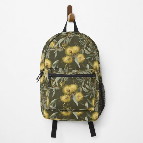 Item preview, Beautiful Native Australian wallpaper for bookcovers and homewares. Dense branches of eucalypt leaves with wattle buds and blossoms on dark background 12 designed and sold by NatTex.