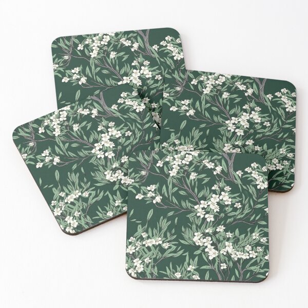 Item preview, Beautiful Native Australian wallpaper for bookcovers and homewares. Tea tree branches and flowers with twisted trunks on a dark background 1 designed and sold by NatTex.