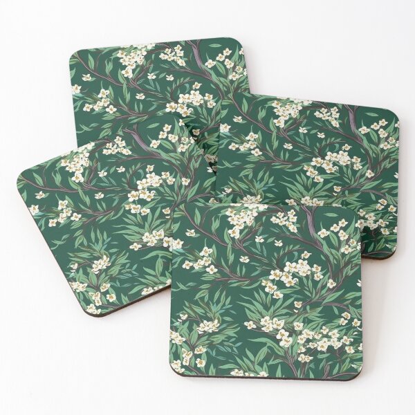 Item preview, Beautiful Native Australian wallpaper for bookcovers and homewares. Tea tree branches and flowers with twisted trunks on a dark background 2 designed and sold by NatTex.