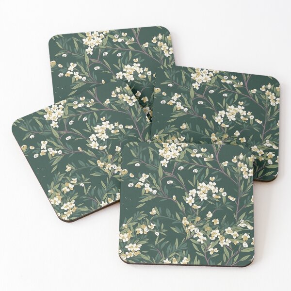 Item preview, Beautiful Native Australian wallpaper for bookcovers and homewares. Tea tree branches and flowers with twisted trunks on a dark background 4 designed and sold by NatTex.