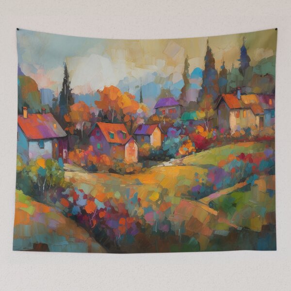 Item preview, Countryside village at sunset designed and sold by Red Witch Art.