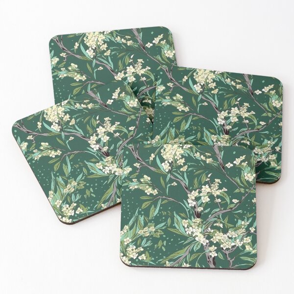 Item preview, Beautiful Native Australian wallpaper for bookcovers and homewares. Tea tree branches and flowers with twisted trunks on a dark background 7 designed and sold by NatTex.
