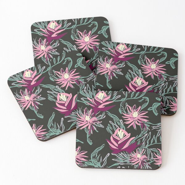 Item preview, Beautiful Native Australian wallpaper for bookcovers and homewares. Coastal Pigface flowers a dark background with kangaroo paw and salt bush 1 designed and sold by NatTex.