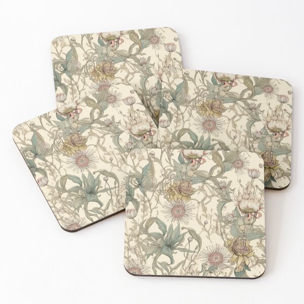 Item preview, Beautiful Native Australian wallpaper for bookcovers and homewares. Coastal Pigface flowers a dark background with kangaroo paw and salt bush 8 designed and sold by NatTex.