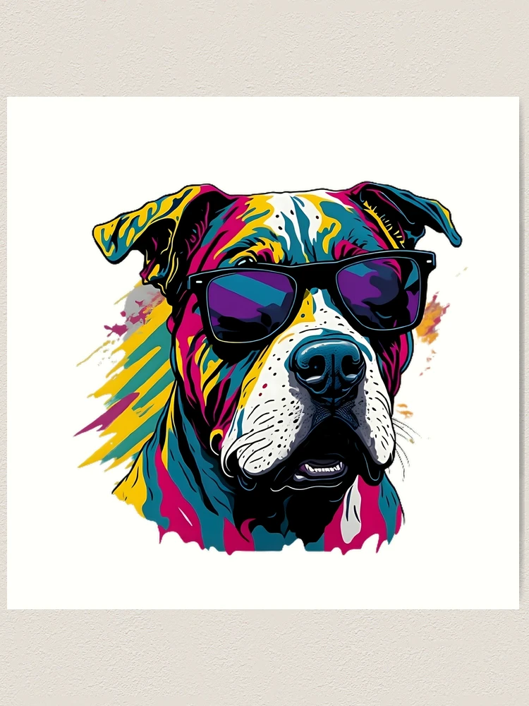 Pitbull with sunglasses in Pop Art style with explosion of