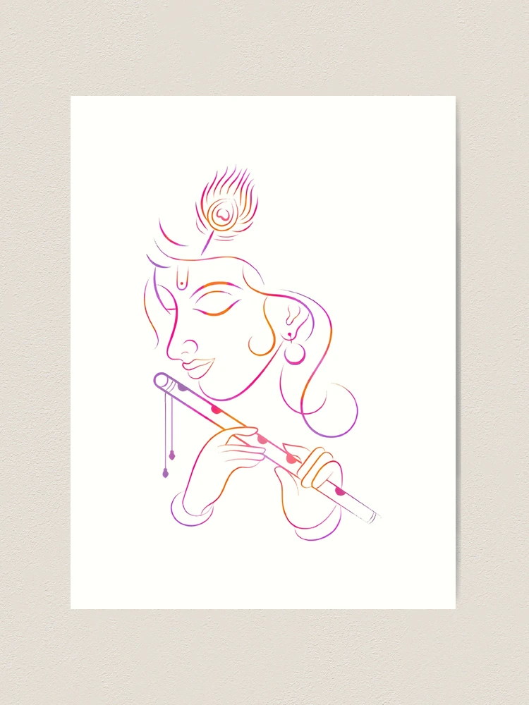 Hindu God Krishna line drawing vector illustration, vishnu, asian spiritual  symbol, eastern wisdom, yoga, om, aum