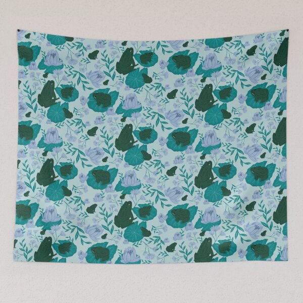 Item preview, Ultra-Steady Green and Blue Frogs on Lily Pads with Water Lilies Pattern for a Calming and Serene Feel designed and sold by maddydoodlesoup.