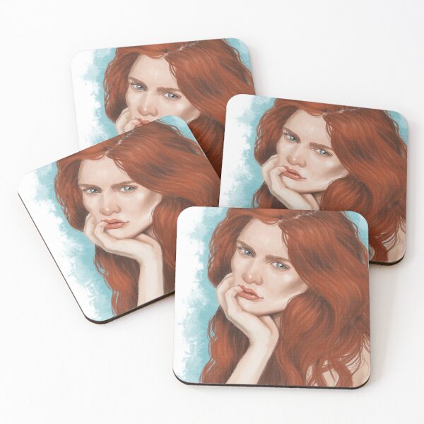 Item preview, Portrait of red-haired woman and blue background. designed and sold by BettyBustillo.