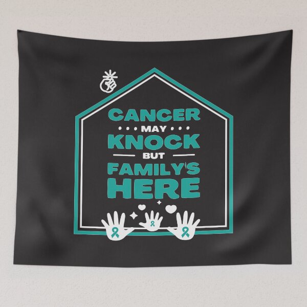 Item preview, Ovarian cancer awareness teal ribbon Cancer may knock but family's here designed and sold by shaderepublic.