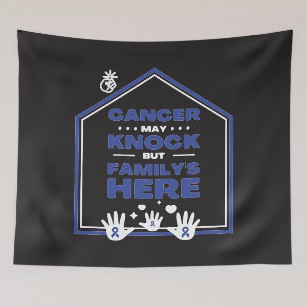 Item preview, colon cancer awareness blue ribbon Cancer may knock but family's here designed and sold by shaderepublic.