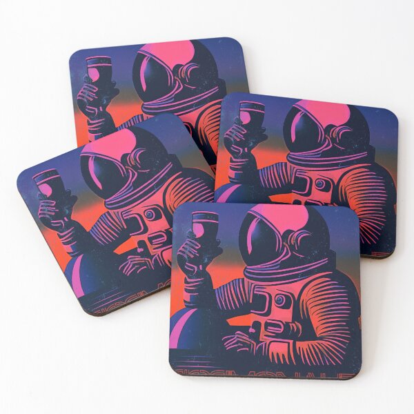 Artikelvorschau, Cosmonaut mit Kaffeebecher, magenta blau, vintage, used-look, retro entworfen und verkauft von Time4Space.