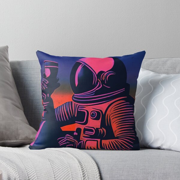 Item preview, Cosmonaut with coffee mug, magenta blue, vintage, used look, retro designed and sold by Time4Space.