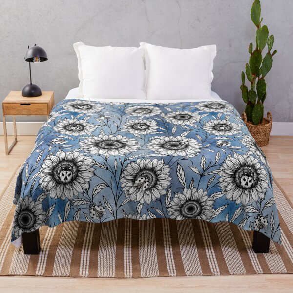 Item preview, Spooky gothic sunflower and ladybug pattern ink illustration designed and sold by RedFinchDesigns.
