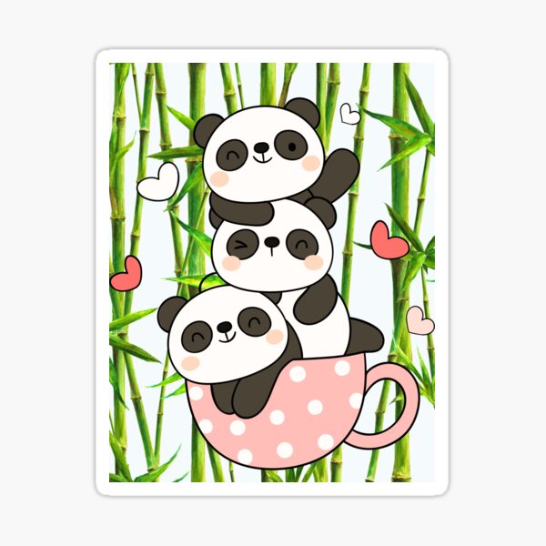 Loving panda babies on a cup of coffee and bamboo background. Sticker