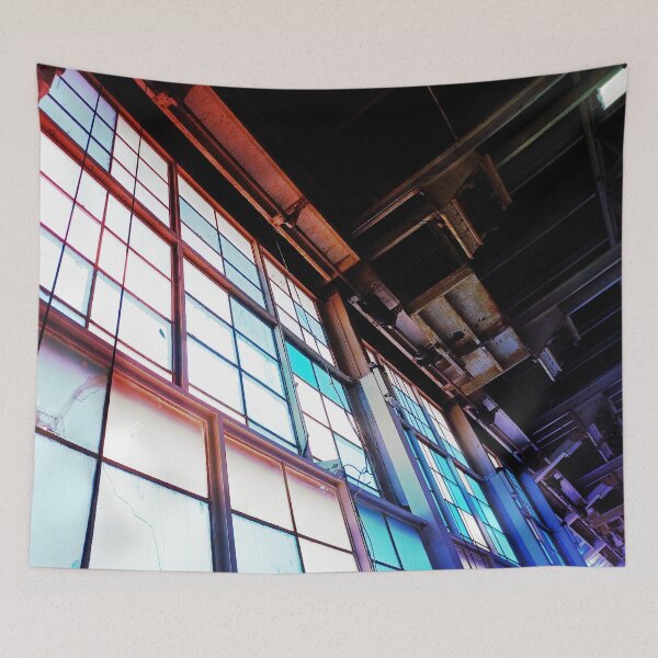 Item preview, Modern Industrial Warehouse Hanger Windows Bright Light Florescence Green Rust Red Blue Purple Tan Brown Pipes Photograph designed and sold by ARTbyABACCUS.