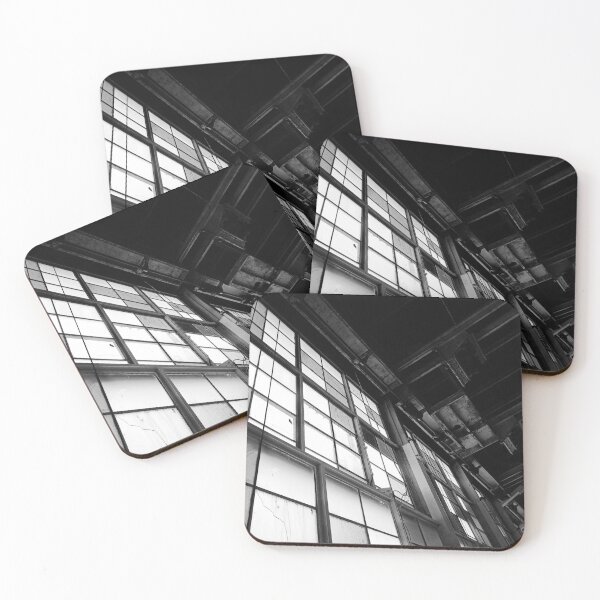 Item preview, Black and White Grayscale Modern Industrial Warehouse Hanger Windows Bright Light Florescence Rust Pipes Photograph designed and sold by ARTbyABACCUS.