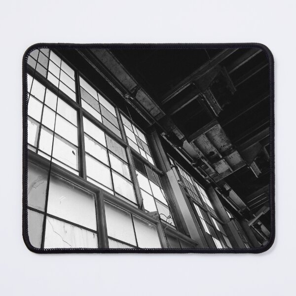 Item preview, Black and White Grayscale Modern Industrial Warehouse Hanger Windows Bright Light Florescence Rust Pipes Photograph designed and sold by ARTbyABACCUS.