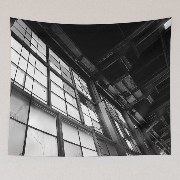 Item preview, Black and White Grayscale Modern Industrial Warehouse Hanger Windows Bright Light Florescence Rust Pipes Photograph designed and sold by ARTbyABACCUS.