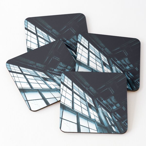 Item preview, Dark Navy Light Blue Indigo Cyanotype Modern Industrial Warehouse Hanger Windows Bright Light Florescence Rust Pipes Photograph designed and sold by ARTbyABACCUS.
