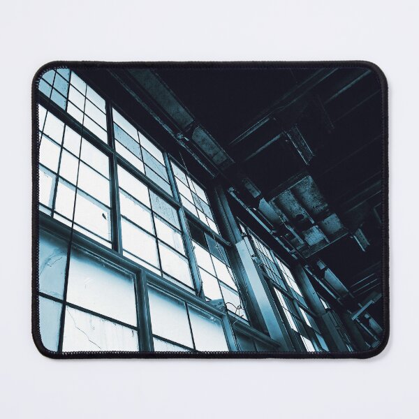 Item preview, Dark Navy Light Blue Indigo Cyanotype Modern Industrial Warehouse Hanger Windows Bright Light Florescence Rust Pipes Photograph designed and sold by ARTbyABACCUS.