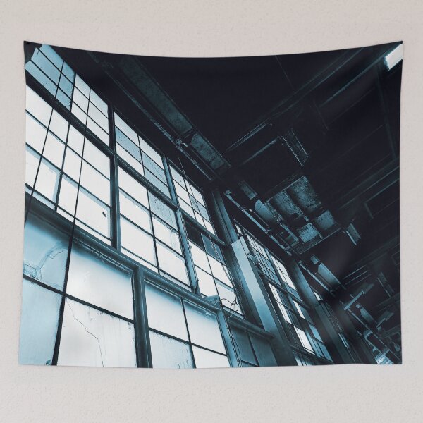 Item preview, Dark Navy Light Blue Indigo Cyanotype Modern Industrial Warehouse Hanger Windows Bright Light Florescence Rust Pipes Photograph designed and sold by ARTbyABACCUS.