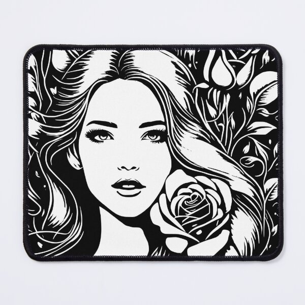 Item preview, Pretty Girl with Long Hair and Two Roses Black and White  designed and sold by Shapes-Mania.