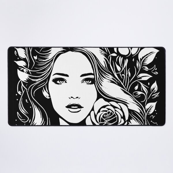 Item preview, Pretty Girl with Long Hair and Two Roses Black and White  designed and sold by Shapes-Mania.