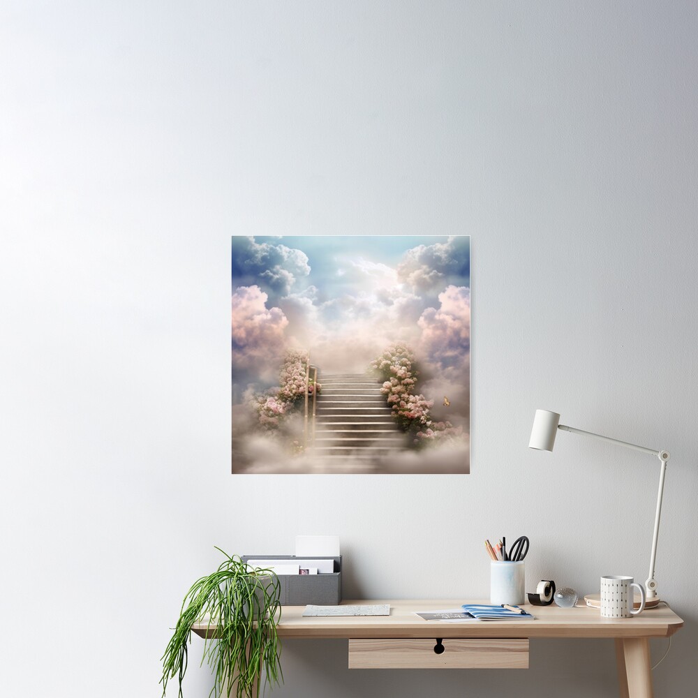 Memorial Stairs to Heaven Rest in Peace Cloudy Blue Sky Party Decor Nature  Landscape Photography Poster