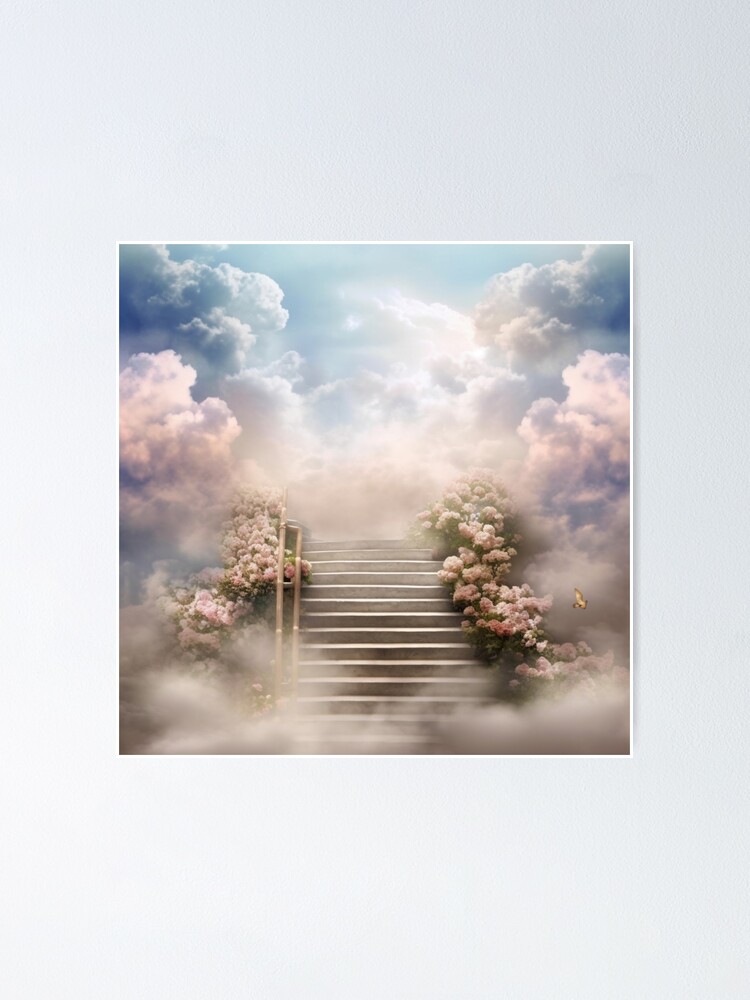 Memorial Stairs to Heaven Rest in Peace Cloudy Blue Sky Party Decor Nature  Landscape Photography Poster