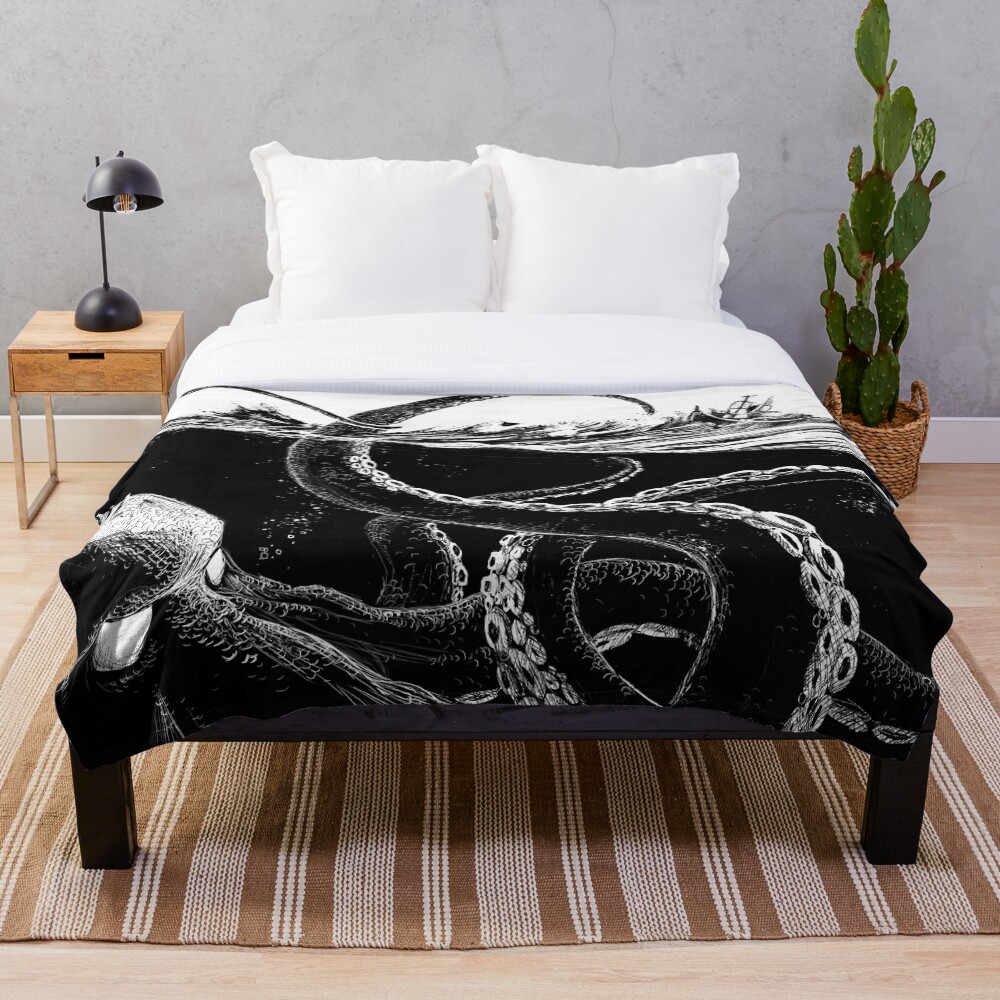kraken-rules-the-sea-throw-blanket-for-sale-by-hazytale-redbubble