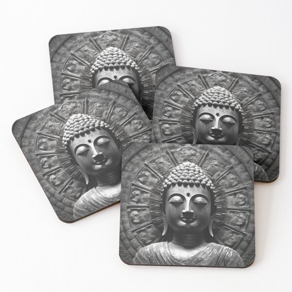 Item preview, Buddha Digital Art. Stone Buddha statue. Siddhartha Gautama Buddha with his eyes closed smiles peacefully. The Buddha print. Black and white Buddha T-shirt.  designed and sold by MartynGrey.