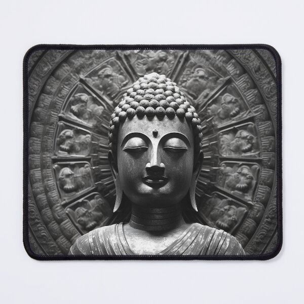 Item preview, Buddha Digital Art. Stone Buddha statue. Siddhartha Gautama Buddha with his eyes closed smiles peacefully. The Buddha print. Black and white Buddha T-shirt.  designed and sold by MartynGrey.