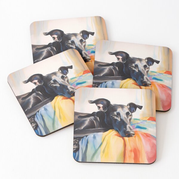 Item preview, Black Greyhound resting on rainbow coloured blanket designed and sold by Nosy is Everything.