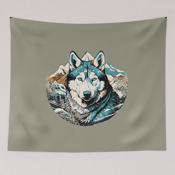 Item preview, Siberian Husky dog with mountains in the background in a winter setting. designed and sold by Hisirdoux.