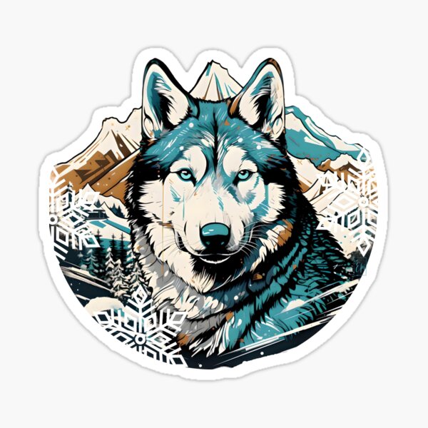 Siberian Husky dog with mountains in the background in a winter setting.  Sticker for Sale by Hisirdoux