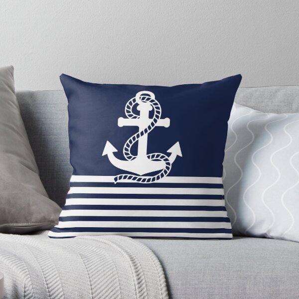 Nautical Navy Blue Stripes and White Anchor Throw Pillow