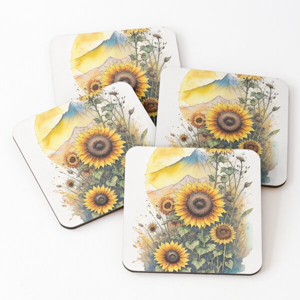 Item preview, Sunflowers and mountains colorful watercolor painting designed and sold by RK - Shop.