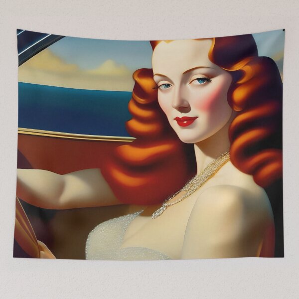 Item preview, Jazz Age Flapper redhead driving classic Duesenberg across the Riviera still life art deco female portrait painting designed and sold by Jéanpaul  Ferro.