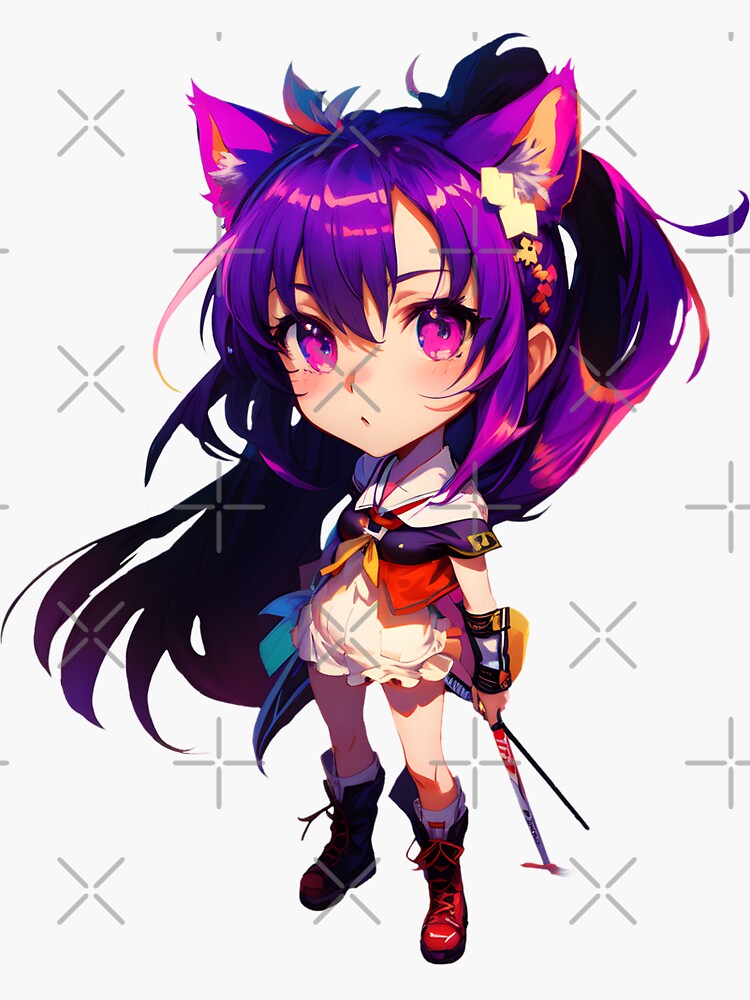 Chibi Anime Girl | Holding a Cat plushie | Sticker