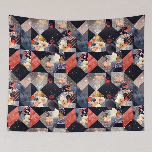 Artikelvorschau, Stellar Blooms: Red, Blue, Black Galaxy Floral Patchwork entworfen und verkauft von Cosmic-Canvases.