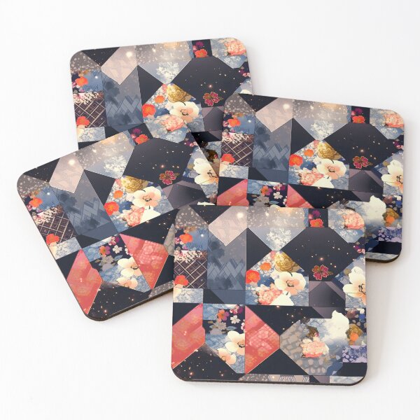 Artikelvorschau, Stellar Blooms: Red, Blue, Black Galaxy Floral Patchwork entworfen und verkauft von Cosmic-Canvases.