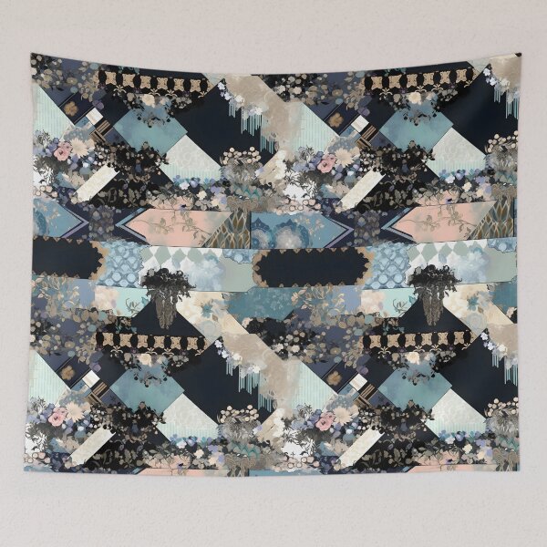 Artikelvorschau, Golden Blossom Tapestry: Blue, Black, Gold Floral Patchwork entworfen und verkauft von Cosmic-Canvases.