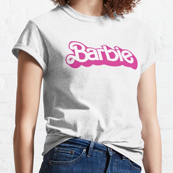Barbie Camiseta de manga corta para mujer | Muñeca de mujer con logotipo  clásico blanco y rosa en camiseta gráfica negra | Top de ropa de muñeca de