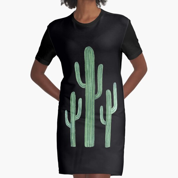 Three Beautiful Green Cacti Succulent on Black Design Graphic T-Shirt Dress
