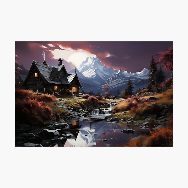 Item preview, Snow-Dusted Peaks snowy mountains and house: An Ethereal Dreamscape designed and sold by Moisky Art.