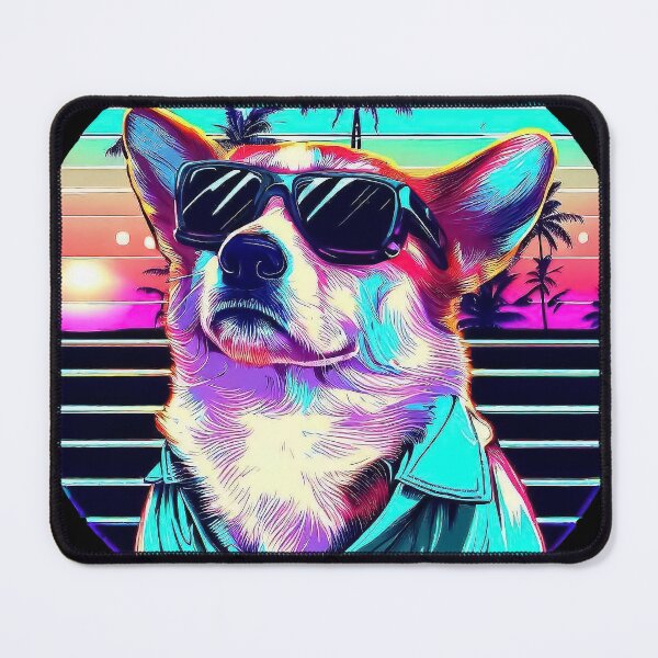 Item preview, 80's retro vaporwave funny corgi in sunglasses on palm beach sunset designed and sold by TomFrontierArt.