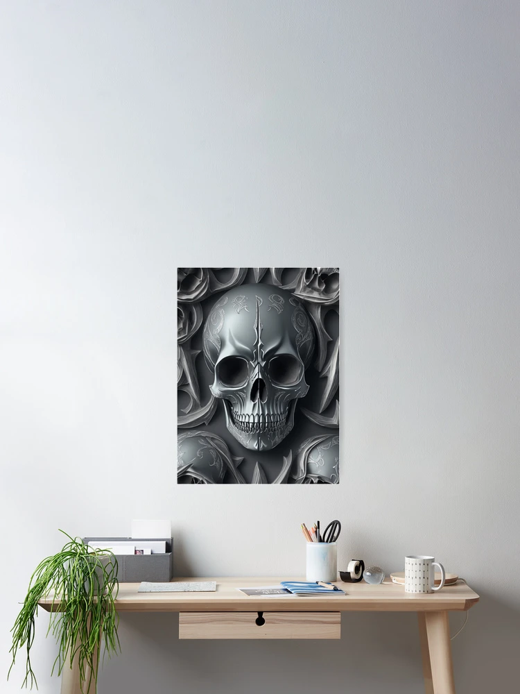Aperçu 2 sur 3. Poster avec l'œuvre Intricate Silver Gothic skull background créée et vendue par Rothnaric.