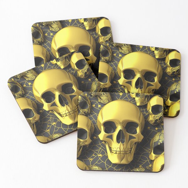 Artikelvorschau, Gold- und schwarzmetallisches Totenkopfmuster auf dunklem Hintergrund entworfen und verkauft von Rothnaric.